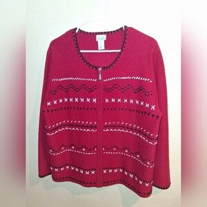Cricket Lane CLC Red Wool Black & White Embroidered Cardigan Zipper Sweater L